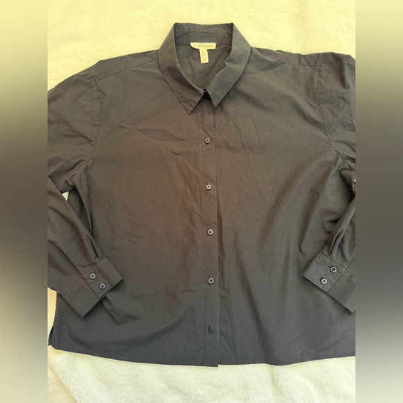 Eileen Fisher Organic Poplin Collared Short Shirt - Black - Size Medium - Picture 4 of 13